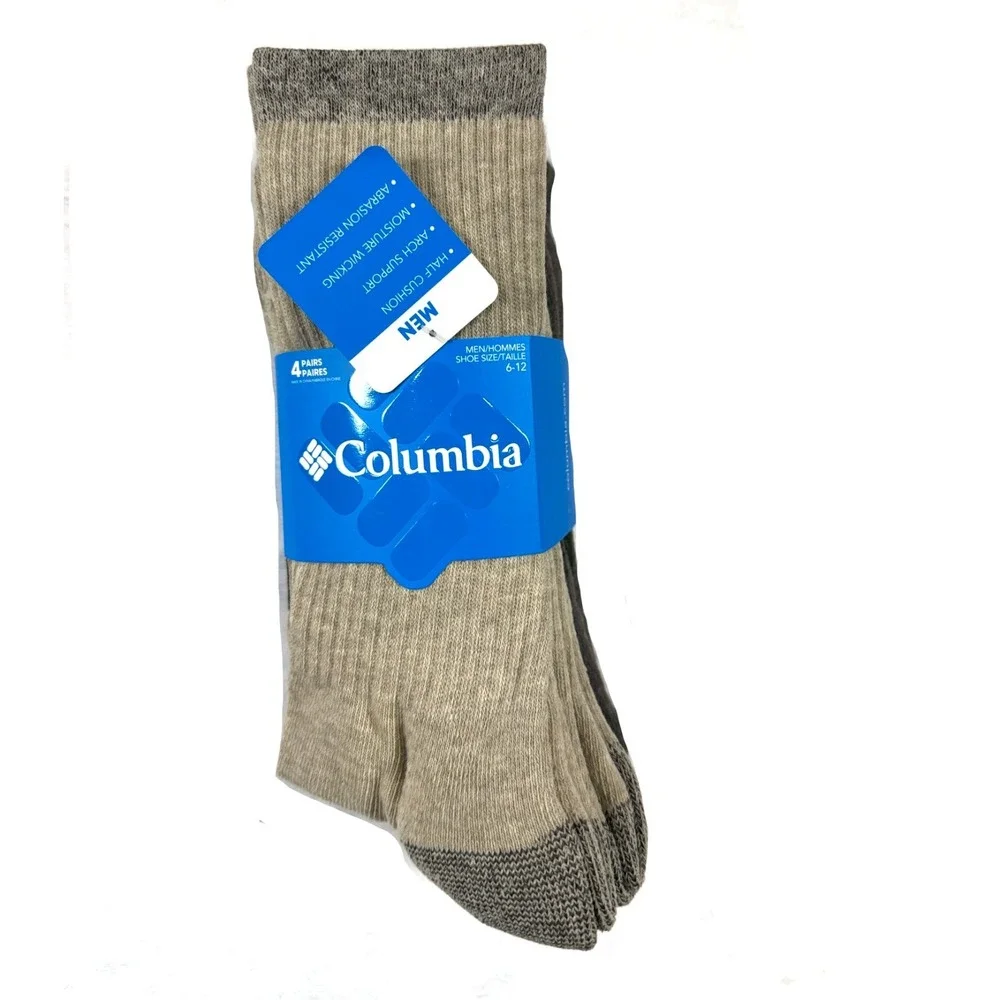 Columbia 4-Pack Moisture Control Crew Hiking Socks Men's Size 6-12 Tan Brown